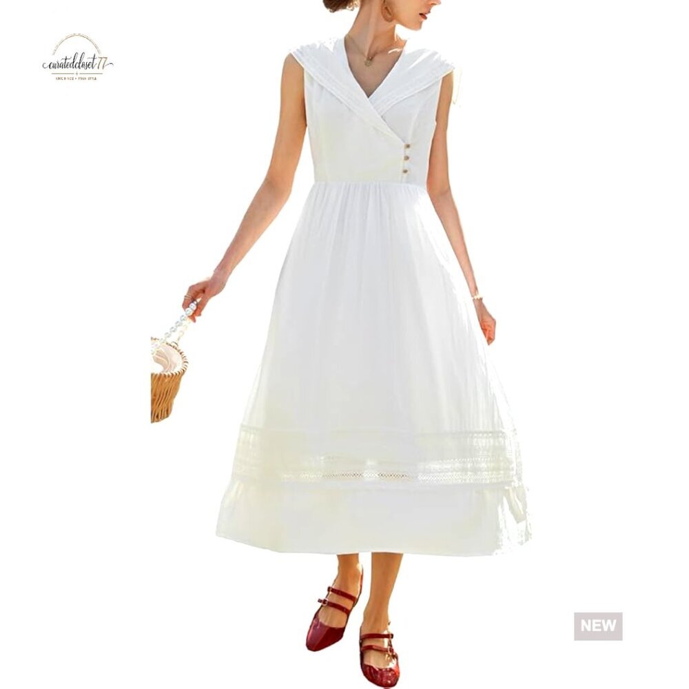 Cotton Midi Dress with Sailor Collar, Embroidered Eyelet, Pockets